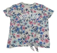 Světlešedo-modro-růžové květované tričko s nápisem 