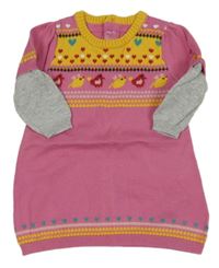 Růžovo-žluto-šedé pletené šaty s ptáčky M&S