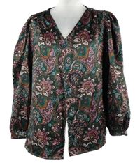 Nové - Dámská tmavozeleno-purpurová vzorovaná saténová halenka TU 