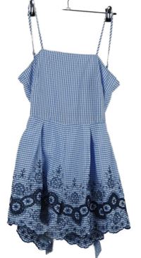 Dámský modro-bílý kostkovaný letní overal s výšivkou MissGuided 