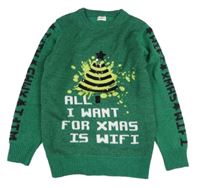 Zelený melírovaný svetr se stromkem a nápisem F&F