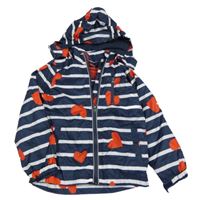 Tmavomodro-bílá pruhovaná šusťáková jarní bunda se srdíčky a kapucí Pocopiano
