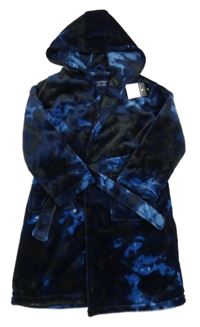 Tmavomodro-modro-černý chlupatý župan s kapucí Primark