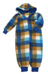 Nové - Modro-bílo-béžová kostkovaná huňatá kombinéza s kapucí Dunnes