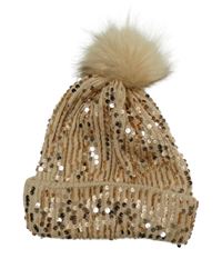 Dámská broskvová žinylková žebrovaná flitrová čepice s bambulí Next