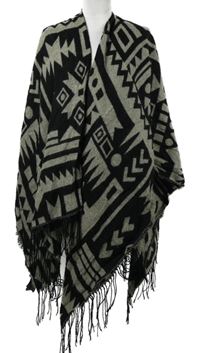Dámský černo-béžový vzorovaný svetrový pléd s třásněmi 