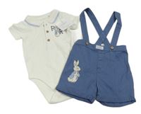 Nové - 2set - Modré plátěné kraťasy s kšandami a zajícem + body 