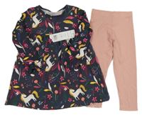 Nové - 2Set - Tmavošedé šaty s jednorožci a větvičkami + světlerůžové žebrované legíny F&F