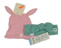 Nové - 2set - Světlerůžová čepice s ušima + zelená čelenka s mašlí 