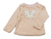 Světlerůžová chlupatá pyžamová mikina s kočkou 