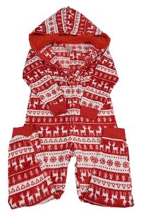 Červeno-bílá vzorovaná plyšová kombinéza se soby a kapucí 