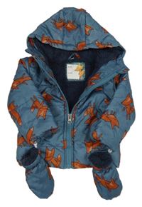 Modrošedá šusťáková zateplená bunda s liškami a kapucí + odepínací rukavice 