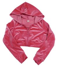 Tmavorůžová sametová propínací crop mikina s kapucí Shein