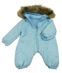 Světlemodrá šusťáková zimní kombinéza s kožešinou na kapuci 