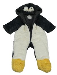 Tmavošedo-bílá chlupatá podšitá kombinéza s kapucí - tučňák F&F