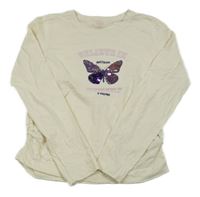 Smetanové melírované triko s motýlkem s flitry a nápisy a nařasením YIGGA