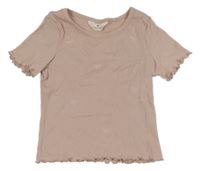 Pudrové žebrované tričko s mašlemi z korálků H&M