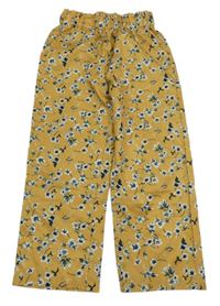 Hořčicové volné kalhoty s kytičkami 