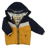 Tmavomdro-medovo-bílá šusťáková zimní bunda s kapucí C&A