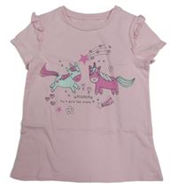 Světlerůžové tričko s jednorožci a volánky 