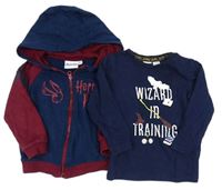 2Set - Tmavomodro/vínová propínací mikina s nápisy a Harry Potter a kapucí + tmavomodré triko H&M