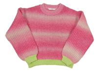 Tmavorůžovo-světlerůžovo-zelený melírovaný žebrovaný oversize crop vlněný svetr M&S