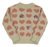 Smetanový svetr s růžovými srdíčky a flitry St. Bernard