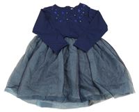 Tmavomodré teplákovo/tylové šaty s kamínky Topolino