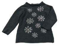 Tmavošedý žinylkový svetr s vločkami z flitrů in extenso