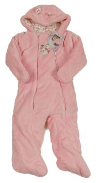 Nové - růžová plyšová zateplená kombinéza se zebrou a kapucí Papagino