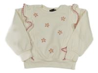 Smetanová oversize mikina s květy a volánky s růžovou krajkou PRIMARK