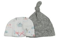 2x - Čepice - Bílá s cirkusovými zvířátky, šedá melírovaná s medvídky 