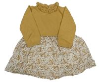 Okrovo-bílé svetrovo/plátěné šaty s kytičkami a volánkem Tu