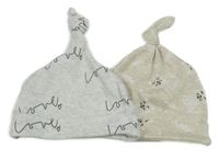 2x - Melírovaná čepice - Světlešedá s nápisy, světlebéžová se šelmami Pure baby