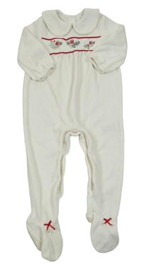 Bílý sametový overal s ptáčky a límečkem