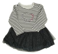 Bílo-antracitové teplákovo/tylové šaty s pruhy a srdcem Pocopiano