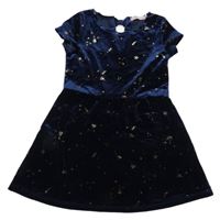 Tmavomodré sametové šaty s hvězdami a kytarami