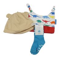 3set- Medovo-béžová pruhovaná bavlněná čepice + bílá s dinosaury + modré ponožky