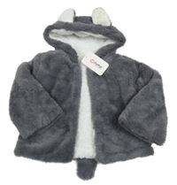 Nové - Tmavošedá kožešinová zateplená bunda s kapucí