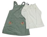 Nové - 2set - Zelenošedé manšestrové laclové šaty s výšivkami květin + smetanové žebrované triko s volánky Primark