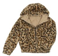 Hnědá kožešinová podšitá bunda s leopardím vzorem a kapucí Dunnes