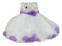 Bílo-lila slavnostní šaty s tylem a páskem s 3D květem 