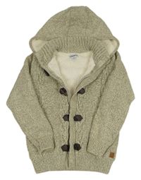 Béžový melírovaný zateplený propínací svetr s kapucí 