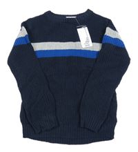 Nové - tmavomodrý svetr s šedým a modrým pruhem 