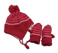 2 set - růžová pruhovaná pletená čepice s bambulí + palcové rukavice H&M