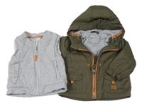 2 set - šedá propínací tepláková vesta + khaki šusťáková podzimní bunda s kapucí C&A