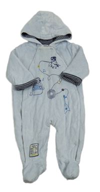 Světlemodrá sametová zateplená kombinéza se zvířátky a kapucí zn. mamas&papas