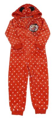 Červená chlupatá puntíkatá kombinéza s Minnie