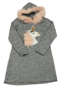 Šedé melírované úpletové šaty s jednorožcem a kapucí s kožešinou 