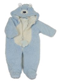 Nové - Světlemodro-bílá huňatá zateplená kombinéza s kapucí - medvídek 